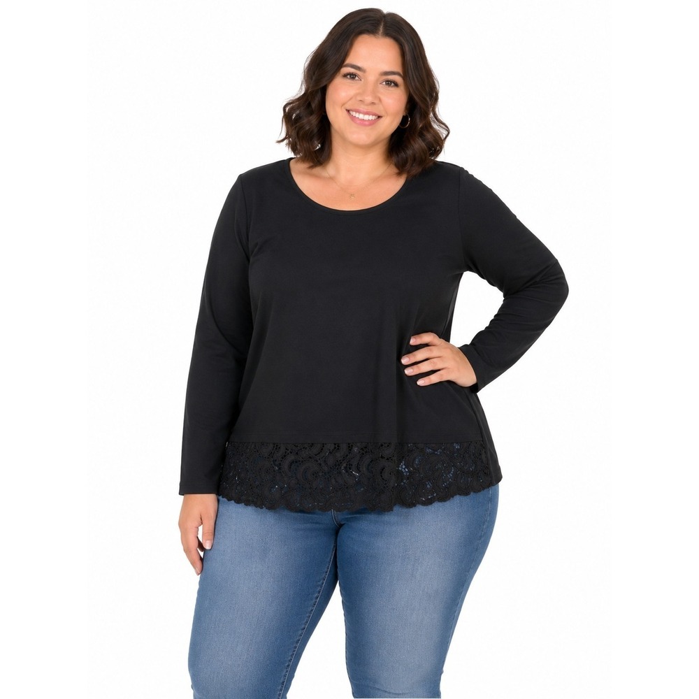 Chicos Black Lace Hem Top Womens Size 1 Long Sleeve Casual Workwear